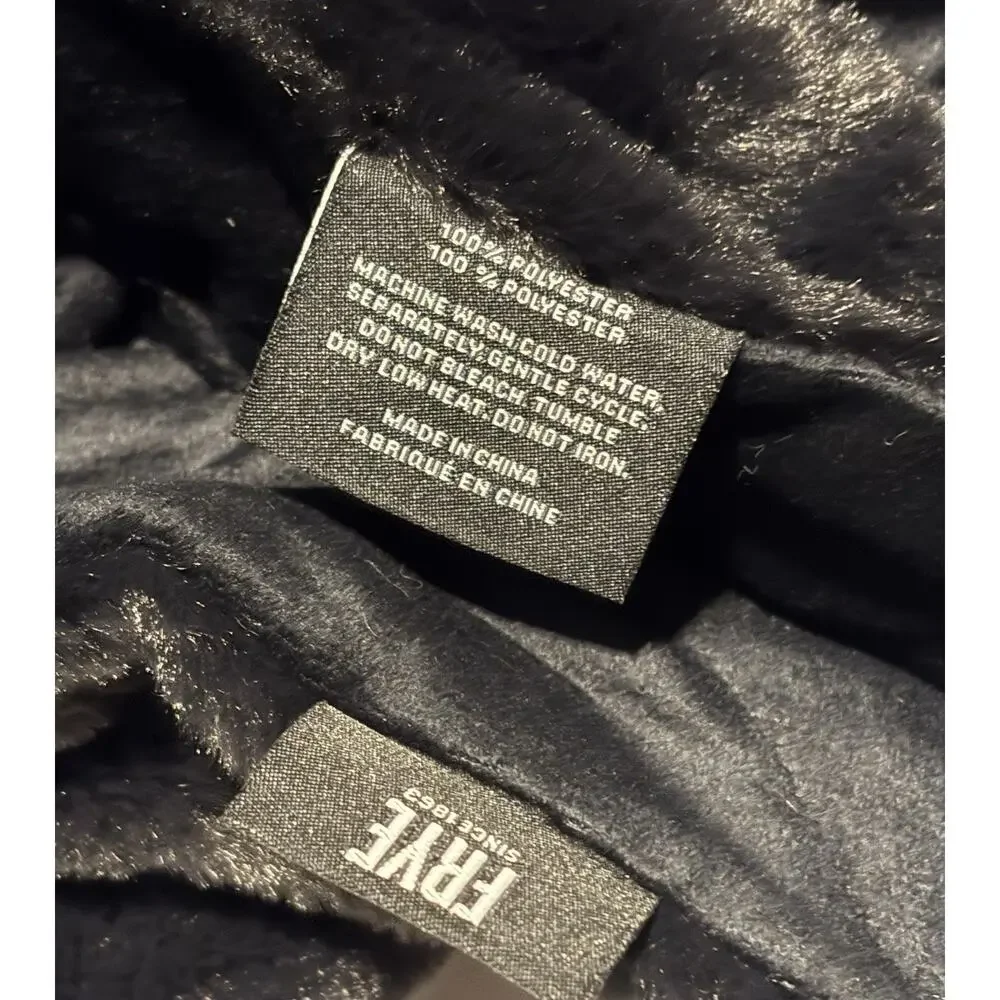 FRYE Faux Fur Throw Blanket Black TEXTURED Plaid 50 X 70